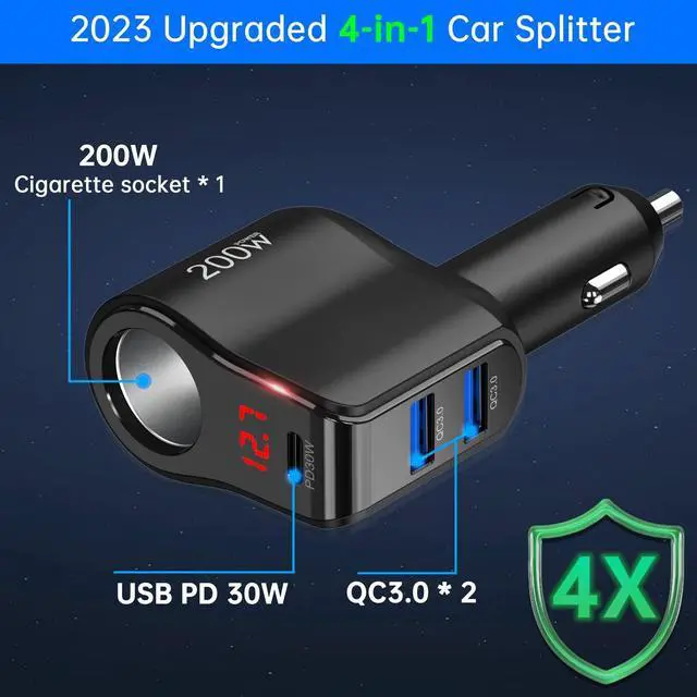 Alt view image 9 of 14 - 200W PD USB C Car Charger Adapter: 12V Cigarette Lighter Socket Splitter 12 Volt DC Plug Multi Way Auto Power Outlet with LED Voltmeter Switch Dual Type C Port for iPhone Samsung Phone GPS Dash Cam