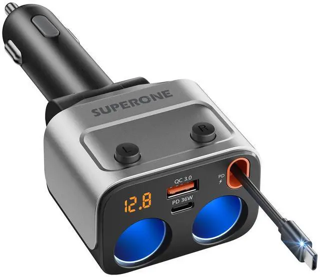 Alt view image 8 of 14 - 180W Cigarette Lighter Splitter w/Retractable 36W USB-C Cable, 2-Socket Cigarette Lighter Adapter with QC3.0 Car Charger Splitter for GPS/Dash Cam/Laptop/iPad/iPhone 17/16/15/14/13/12/11