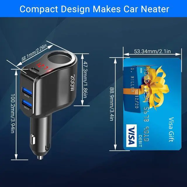 Alt view image 13 of 14 - 200W PD USB C Car Charger Adapter: 12V Cigarette Lighter Socket Splitter 12 Volt DC Plug Multi Way Auto Power Outlet with LED Voltmeter Switch Dual Type C Port for iPhone Samsung Phone GPS Dash Cam