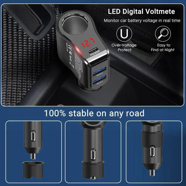 Alt view image 11 of 14 - 200W PD USB C Car Charger Adapter: 12V Cigarette Lighter Socket Splitter 12 Volt DC Plug Multi Way Auto Power Outlet with LED Voltmeter Switch Dual Type C Port for iPhone Samsung Phone GPS Dash Cam