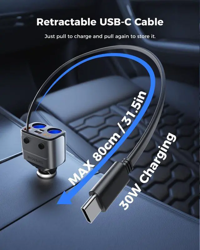 Alt view image 9 of 14 - 180W Cigarette Lighter Splitter w/Retractable 36W USB-C Cable, 2-Socket Cigarette Lighter Adapter with QC3.0 Car Charger Splitter for GPS/Dash Cam/Laptop/iPad/iPhone 17/16/15/14/13/12/11