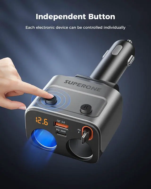 Alt view image 10 of 14 - 180W Cigarette Lighter Splitter w/Retractable 36W USB-C Cable, 2-Socket Cigarette Lighter Adapter with QC3.0 Car Charger Splitter for GPS/Dash Cam/Laptop/iPad/iPhone 17/16/15/14/13/12/11