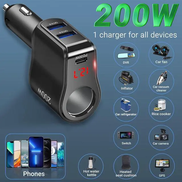Alt view image 14 of 14 - 200W PD USB C Car Charger Adapter: 12V Cigarette Lighter Socket Splitter 12 Volt DC Plug Multi Way Auto Power Outlet with LED Voltmeter Switch Dual Type C Port for iPhone Samsung Phone GPS Dash Cam