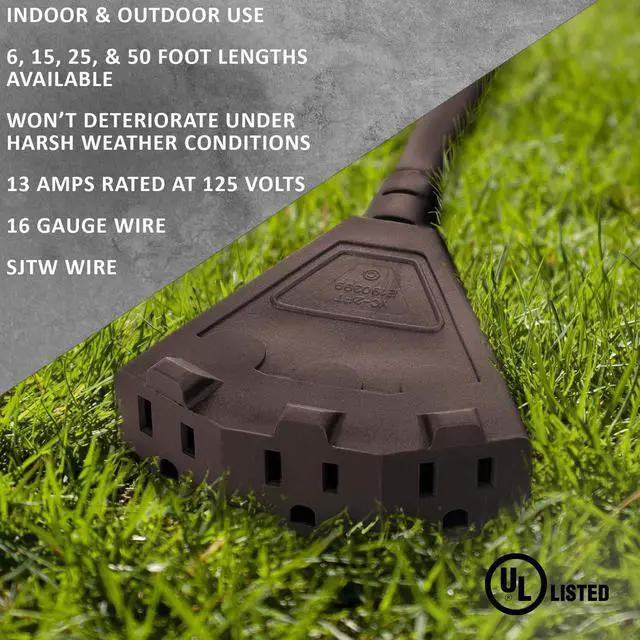 Alt view image 11 of 12 - Outlet 6-Foot Brown Extension Cord, 3-Prong Indoor & Outdoor Splitter, Perfect for Landscape Lighting