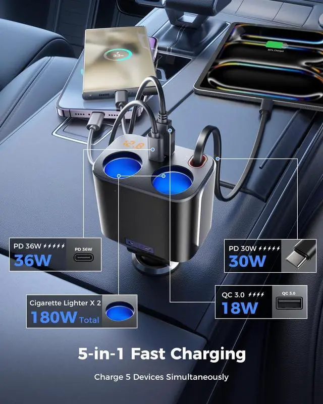 Alt view image 12 of 14 - 180W Cigarette Lighter Splitter w/Retractable 36W USB-C Cable, 2-Socket Cigarette Lighter Adapter with QC3.0 Car Charger Splitter for GPS/Dash Cam/Laptop/iPad/iPhone 17/16/15/14/13/12/11
