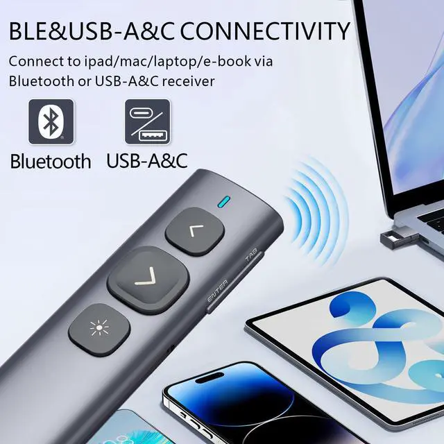 Alt view image 9 of 14 - N95 Presentation Clicker, PowerPoint Clicker for Presentation Remote, Rechargeable Wireless Presenter Pointer, Slide Advancer for PC/Laptop/e-Book (BLE&USB-A&C, Green Light)