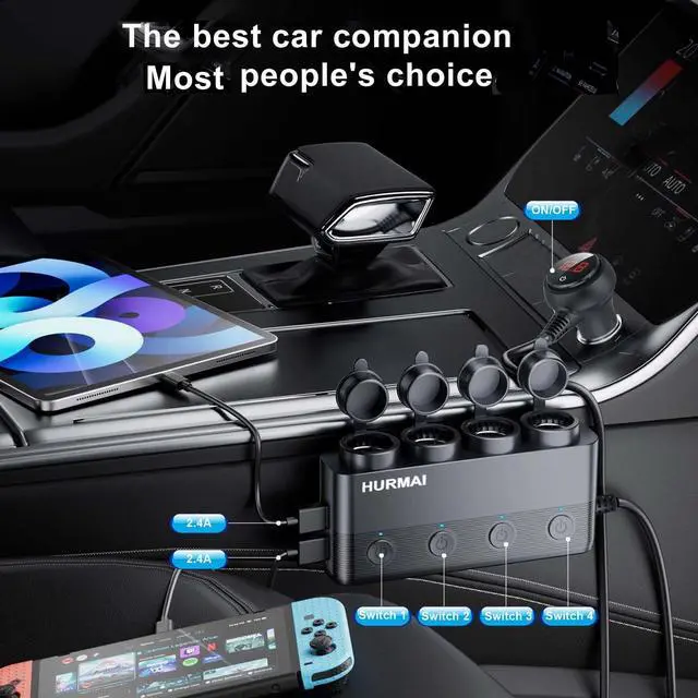 Alt view image 13 of 14 - Cigarette Lighter Splitter 216W 4 Socket Car Cigarette Lighter Adapter Heavy Duty Truck Car USB Chager Multi Port USB C 12V/24V Independent Switches & Dust Cover & Waterproof for Car Devices