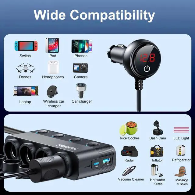 Alt view image 10 of 14 - Cigarette Lighter Splitter 216W 4 Socket Car Cigarette Lighter Adapter Heavy Duty Truck Car USB Chager Multi Port USB C 12V/24V Independent Switches & Dust Cover & Waterproof for Car Devices