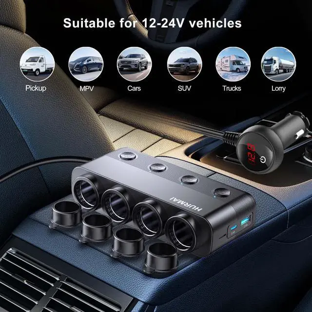 Alt view image 11 of 14 - Cigarette Lighter Splitter 216W 4 Socket Car Cigarette Lighter Adapter Heavy Duty Truck Car USB Chager Multi Port USB C 12V/24V Independent Switches & Dust Cover & Waterproof for Car Devices