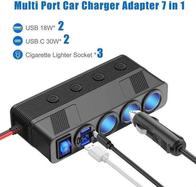 Alt view image 10 of 14 - 12V 24V Car Charger Socket Splitter with 10FT/3M Cable, 3 Cigarette Lighter Socket Multi 4 Port Adapter Plug with LED Display Master Switch Independent Switch,12 Volt Power Outlet with Eyelet Terminal