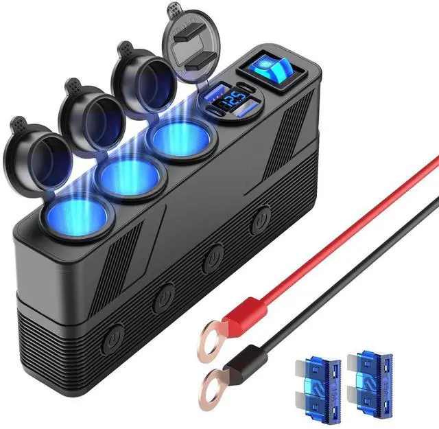 Alt view image 8 of 14 - 12V 24V Car Charger Socket Splitter with 10FT/3M Cable, 3 Cigarette Lighter Socket Multi 4 Port Adapter Plug with LED Display Master Switch Independent Switch,12 Volt Power Outlet with Eyelet Terminal