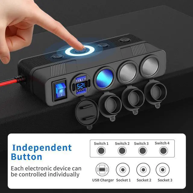 Alt view image 12 of 14 - 12V 24V Car Charger Socket Splitter with 10FT/3M Cable, 3 Cigarette Lighter Socket Multi 4 Port Adapter Plug with LED Display Master Switch Independent Switch,12 Volt Power Outlet with Eyelet Terminal