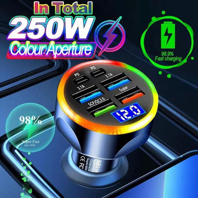 Alt view image 9 of 14 - Super Fast Charge USB C Car Phone Charger Adapter 6 in 1 with Voltage Display 250W Multi Port Cigarette Lighter USB Charger with Volt Meter for iPhone 16 15 Pro Max 14 Plus 13 Samsung Android Phone