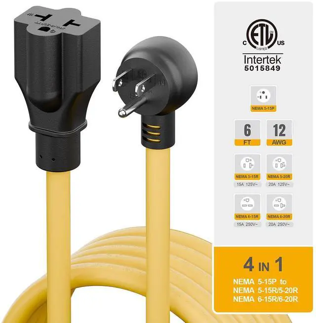 Alt view image 14 of 14 - Indoor/Outdoor Angled Four-in-One Heavy Duty Power Extension Cord SJTW 12-AWG 15A Household Plug to 20A T Blade Cable L=6FT, Angled 3-Prong Extension Cord