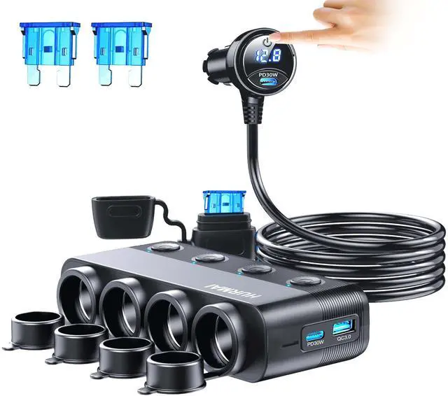 Alt view image 8 of 14 - Cigarette Lighter Splitter Adapter 216W 4 Socket Heavy Duty Truck Car USB Chager Multi Port with PD30W/QC3.0 Charge USB C 12V/24V Independent Switches & Dust Cover & Waterproof for Car Devices