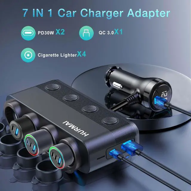 Alt view image 12 of 14 - Cigarette Lighter Splitter Adapter 216W 4 Socket Heavy Duty Truck Car USB Chager Multi Port with PD30W/QC3.0 Charge USB C 12V/24V Independent Switches & Dust Cover & Waterproof for Car Devices