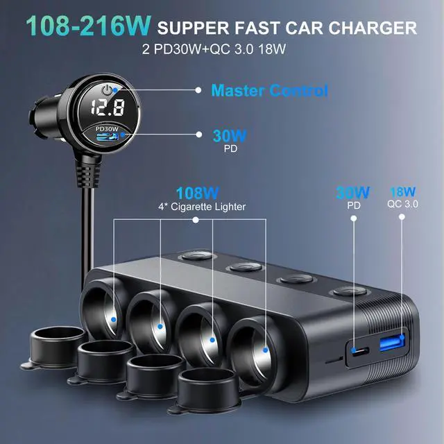 Alt view image 13 of 14 - Cigarette Lighter Splitter Adapter 216W 4 Socket Heavy Duty Truck Car USB Chager Multi Port with PD30W/QC3.0 Charge USB C 12V/24V Independent Switches & Dust Cover & Waterproof for Car Devices