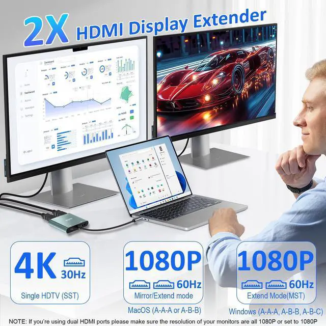 Alt view image 11 of 14 - HDMI Splitter for Dual Monitors Extended Display 1 in 2 Out 4K USB C to 2 HDMI Adapter Extender for MacBook Laptop Support All Mode for Windows & ABB Extend/Mirror Mode for MacOS
