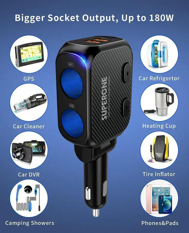 Alt view image 10 of 14 - 180W Cigarette Lighter Splitter with 20W PD, 2-Socket Cigarette Lighter Adapter, Fast USB C Car Charger with Type-C 20W PD & QC 3.0 for Dash Cam, GPS, iPad/Laptop/iPhone 17/16/15/14/Samsung