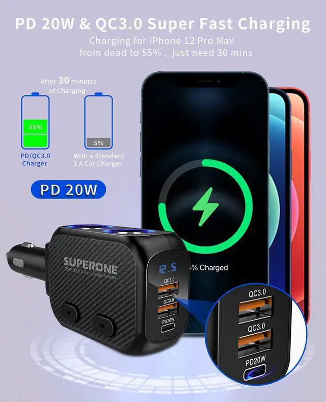 Alt view image 9 of 14 - 180W Cigarette Lighter Splitter with 20W PD, 2-Socket Cigarette Lighter Adapter, Fast USB C Car Charger with Type-C 20W PD & QC 3.0 for Dash Cam, GPS, iPad/Laptop/iPhone 17/16/15/14/Samsung