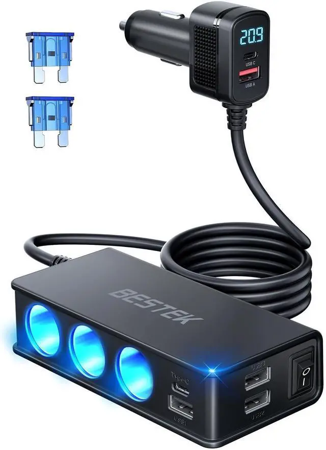 Alt view image 8 of 14 - 9 in 1 Cigarette Lighter Splitter,148W 3-Socket Multi Port Outlet Car Charger PD30W and 4 USB-A QC3.0 18W with LED Display 12V/24V Vehicle Super Fast Adapter for GPS, Dash Cam, iPhone, Car