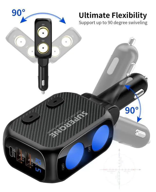 Alt view image 13 of 14 - 180W Cigarette Lighter Splitter with 20W PD, 2-Socket Cigarette Lighter Adapter, Fast USB C Car Charger with Type-C 20W PD & QC 3.0 for Dash Cam, GPS, iPad/Laptop/iPhone 17/16/15/14/Samsung
