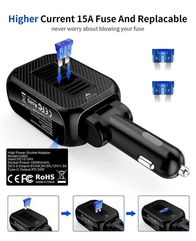 Alt view image 12 of 14 - 180W Cigarette Lighter Splitter with 20W PD, 2-Socket Cigarette Lighter Adapter, Fast USB C Car Charger with Type-C 20W PD & QC 3.0 for Dash Cam, GPS, iPad/Laptop/iPhone 17/16/15/14/Samsung