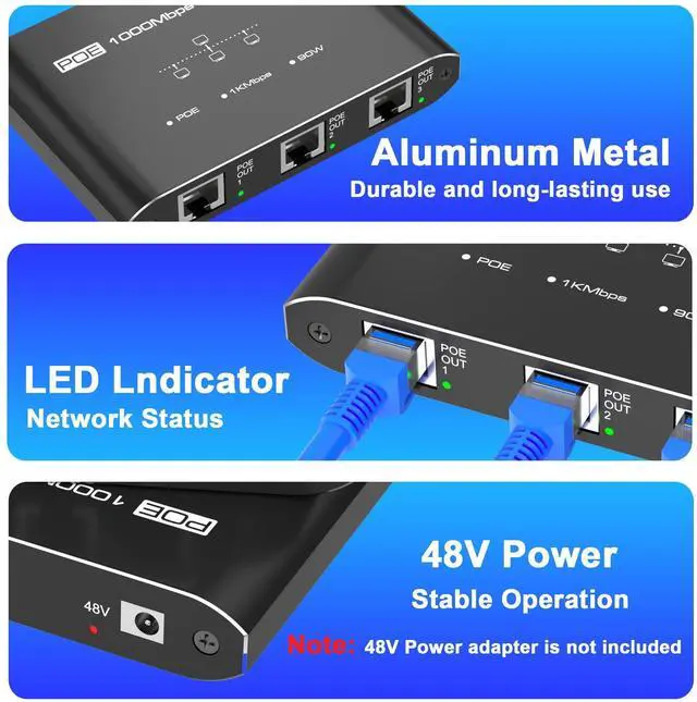 Alt view image 12 of 14 - PoE Switch 1 in 3 Out, 3 Port Gigabit PoE Splitter, IEEE 802.3at/af Compliant, 30W per Port Power Over Ethernet Hub for IP Cameras/Access Points/VoIP Phones (328 Ft), Network for Cat5e/6/7/8 Cable