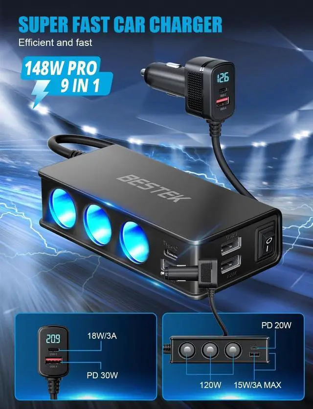 Alt view image 10 of 14 - 9 in 1 Cigarette Lighter Splitter,148W 3-Socket Multi Port Outlet Car Charger PD30W and 4 USB-A QC3.0 18W with LED Display 12V/24V Vehicle Super Fast Adapter for GPS, Dash Cam, iPhone, Car