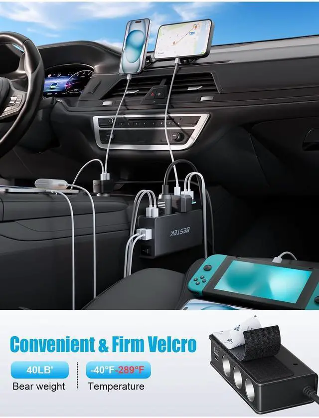 Alt view image 13 of 14 - 9 in 1 Cigarette Lighter Splitter,148W 3-Socket Multi Port Outlet Car Charger PD30W and 4 USB-A QC3.0 18W with LED Display 12V/24V Vehicle Super Fast Adapter for GPS, Dash Cam, iPhone, Car