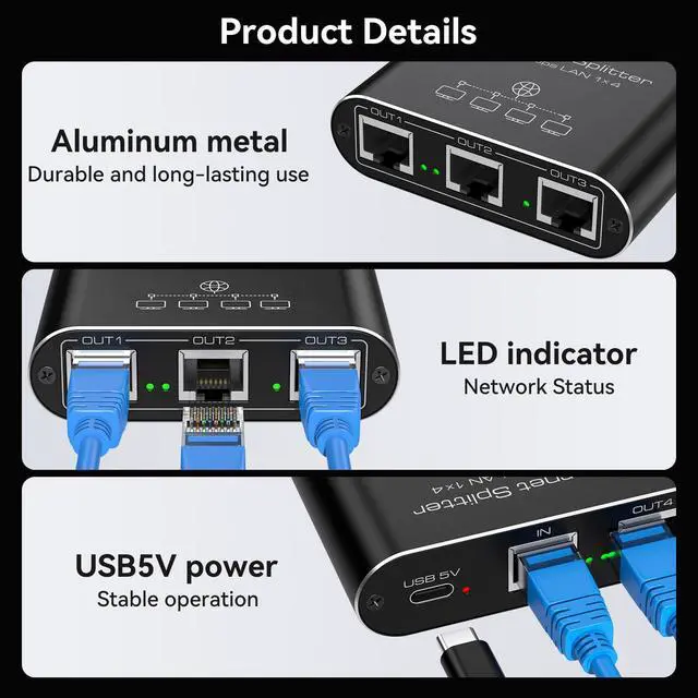 Alt view image 13 of 14 - Ethernet Splitter 1 to 4 1000Mbps Internet Splitter Supports Simultaneous Networking of 4 Devices Works with Cat5/5e/6/7/8 Cable