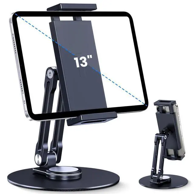 Alt view image 8 of 14 - Tablet Stand Holder for iPad, Adjustable with 360 Rotating Base for Desk, Aluminum Swivel Tablet Stand Compatible with iPad Air, Mini, 10.2,9.7, Pro 11/13 and More