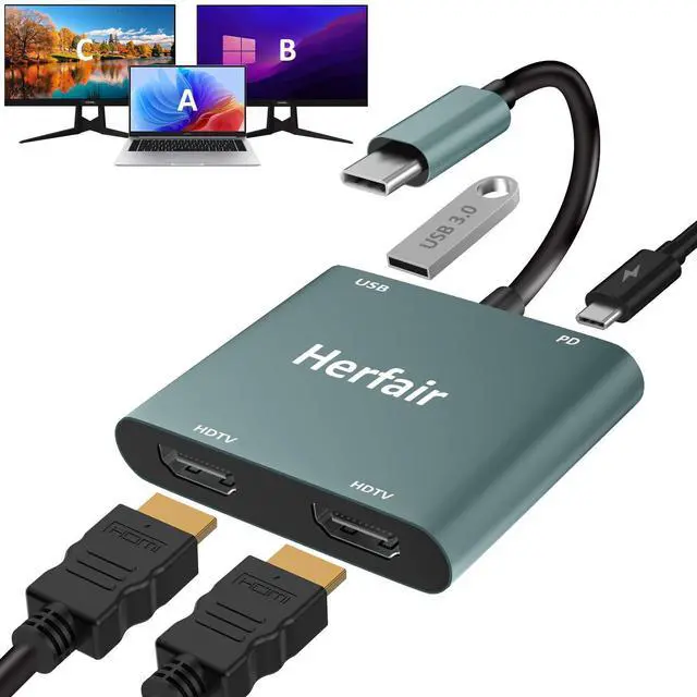 Alt view image 8 of 14 - HDMI Splitter for Dual Monitors Extended Display 1 in 2 Out 4K USB C to 2 HDMI Adapter Extender for MacBook Laptop Support All Mode for Windows & ABB Extend/Mirror Mode for MacOS