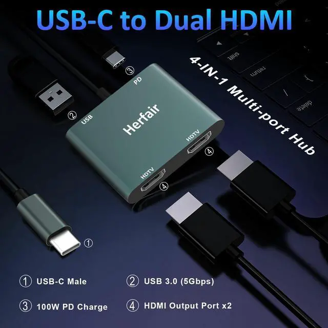 Alt view image 12 of 14 - HDMI Splitter for Dual Monitors Extended Display 1 in 2 Out 4K USB C to 2 HDMI Adapter Extender for MacBook Laptop Support All Mode for Windows & ABB Extend/Mirror Mode for MacOS