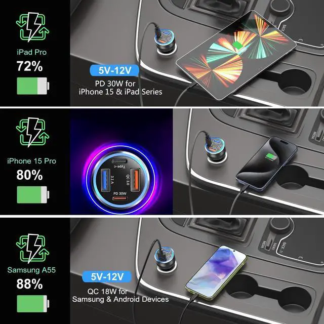 Alt view image 11 of 14 - USB C Car Charger 3 Pack, 4-Port 65W Dual 12V USB-C & USB A Car Charger Power Adapter QC+PD 3.0 Fast Charging Cigarette Lighter Plug for iPhone 16/15/14/13/11 Pro,Samsung S24,Android(Black)