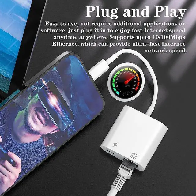Alt view image 14 of 14 - MFi Certified 2 in 1 Lightning to RJ45 Ethernet LAN Network Adapter with Charge Port Compatible with iPhone/iPad/iPod Models, Supports 100Mbps,Plug and Play Ethernet Network