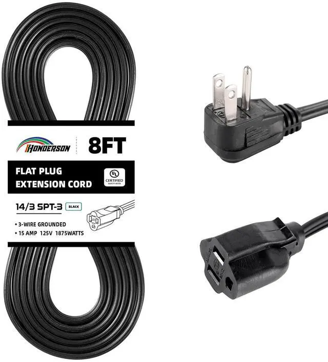 Alt view image 8 of 14 - Flat Plug Extension Cord, UL Certified, Indoor Extension Cord 14 Gauge 8FT Black, 14/3 SPT-3 15A 3 Prong Grounded Power Cord for Home, Office