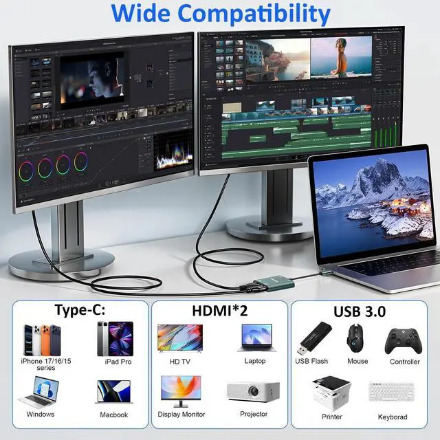 Alt view image 14 of 14 - HDMI Splitter for Dual Monitors Extended Display 1 in 2 Out 4K USB C to 2 HDMI Adapter Extender for MacBook Laptop Support All Mode for Windows & ABB Extend/Mirror Mode for MacOS