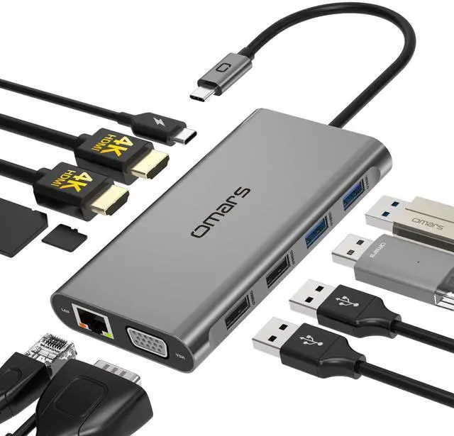 Alt view image 8 of 14 - USB C Laptop Docking Station Dual Monitor HDMI for Dell HP 11 in 1 Type USB C Hub Triple Display Multiport Adapter Dongle to 2 HDMI 4K Ethernet 4 USB PD SD TF VGA for MacBook Lenovo Surface