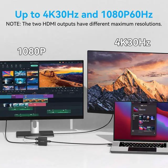 Alt view image 11 of 14 - USB A/C to Dual HDMI Adapter Extended Display for Dual Monitor, USB A & USB C to Dual HDMI Splitter Display 3 Separate Screens for Windows, MacOS (Drivers Install Need, Output1 4K30Hz Output2 1080p)