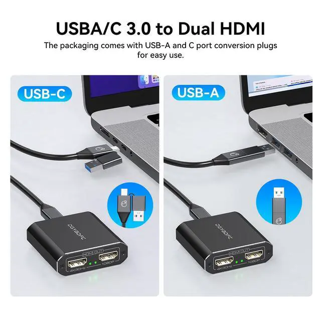 Alt view image 10 of 14 - USB A/C to Dual HDMI Adapter Extended Display for Dual Monitor, USB A & USB C to Dual HDMI Splitter Display 3 Separate Screens for Windows, MacOS (Drivers Install Need, Output1 4K30Hz Output2 1080p)