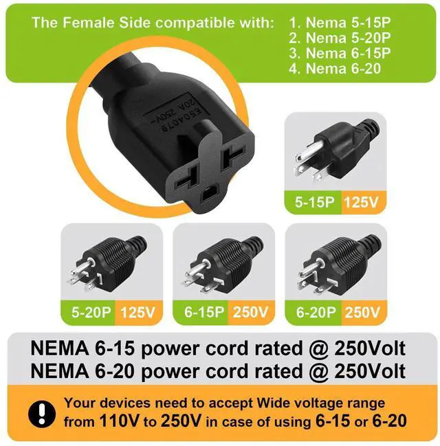Alt view image 11 of 14 - Angled 4-in-1 12AWG 15 Amp Household Plug to 20 Amp T Blade Adapter Cable, 5-15P to 5-20R, 5-15P to 6-20R, Four-in-One Adapter, 15A 125V to 20A 250V/ 20A 250V Cable, 1FT