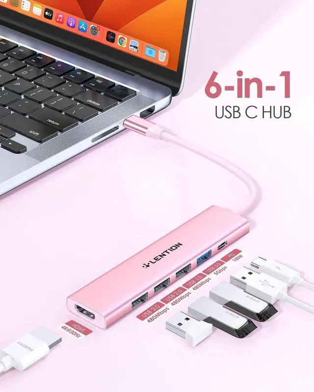 Alt view image 9 of 14 - USB C Hub Multiport Adapter with 100W Charging, 4K HDMI, 4 USB-A Data Ports, Type C Hub for 2016-2026 MacBook Pro/Air/Neo, Surface, Chromebook, USB Splitter for iPhone 15-17 (CH17, Rose Gold)