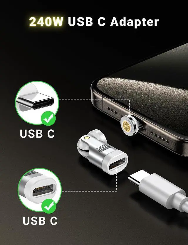 Alt view image 12 of 14 - 240W USB C Magnetic Adapter (3Pack), Gen3 USB C 90 Degree Adapter/C Right Angle Adapter/180 Degree USBC Adapters/USBC to USBC Adapters for Phone 16/15, Ma-Book Pro/Pad Series, Samsung (White)