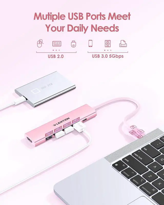 Alt view image 10 of 14 - USB C Hub Multiport Adapter with 100W Charging, 4K HDMI, 4 USB-A Data Ports, Type C Hub for 2016-2026 MacBook Pro/Air/Neo, Surface, Chromebook, USB Splitter for iPhone 15-17 (CH17, Rose Gold)