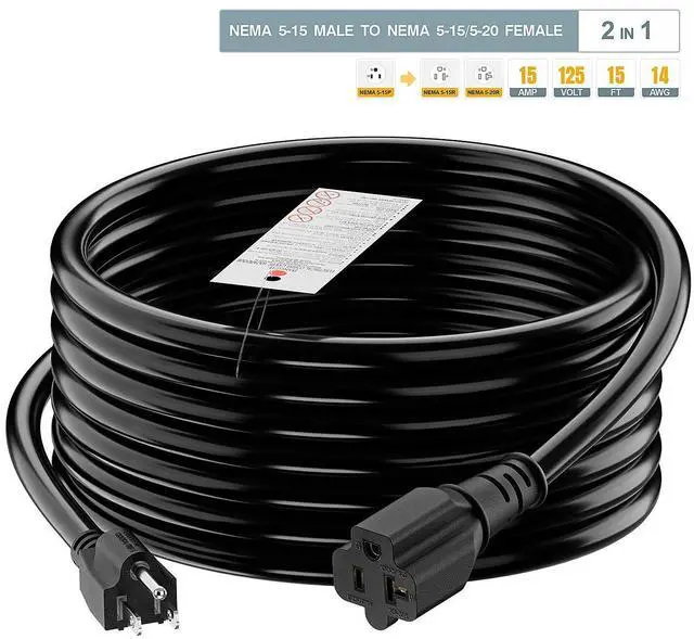 Alt view image 13 of 14 - 15-Foot 15 Amp Household AC Plug to 20 Amp T Blade Adapter Cable14AWG 15-Foot 15 Amp to 20 Amp Plug Adapter Cord Nema 5-15P to 5-15R/5-20R 20Amp Comb AC Power Cord, Black