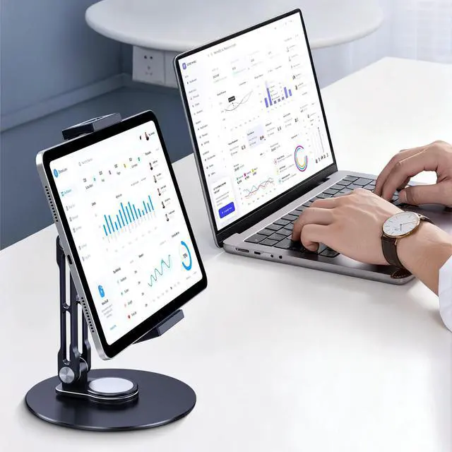 Alt view image 12 of 14 - Tablet Stand Holder for iPad, Adjustable with 360 Rotating Base for Desk, Aluminum Swivel Tablet Stand Compatible with iPad Air, Mini, 10.2,9.7, Pro 11/13 and More