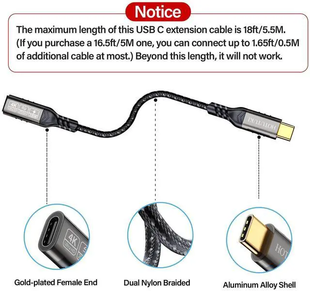 Alt view image 9 of 14 - USB-C Extension Cable 16.5ft/5M, Male to Female Extender, Braided Data Cord, 100W PD Fast Charging, 20 Gbps