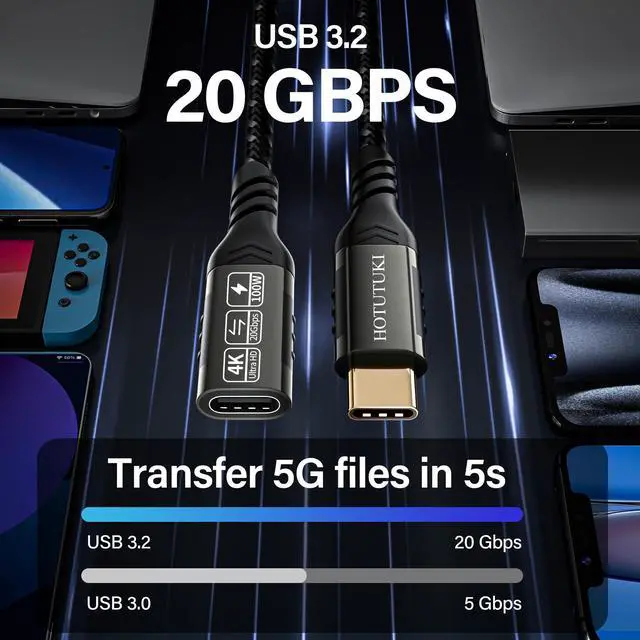 Alt view image 10 of 14 - USB-C Extension Cable 16.5ft/5M, Male to Female Extender, Braided Data Cord, 100W PD Fast Charging, 20 Gbps