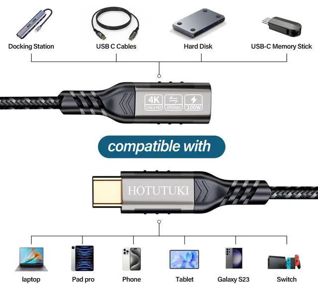 Alt view image 13 of 14 - USB-C Extension Cable 16.5ft/5M, Male to Female Extender, Braided Data Cord, 100W PD Fast Charging, 20 Gbps